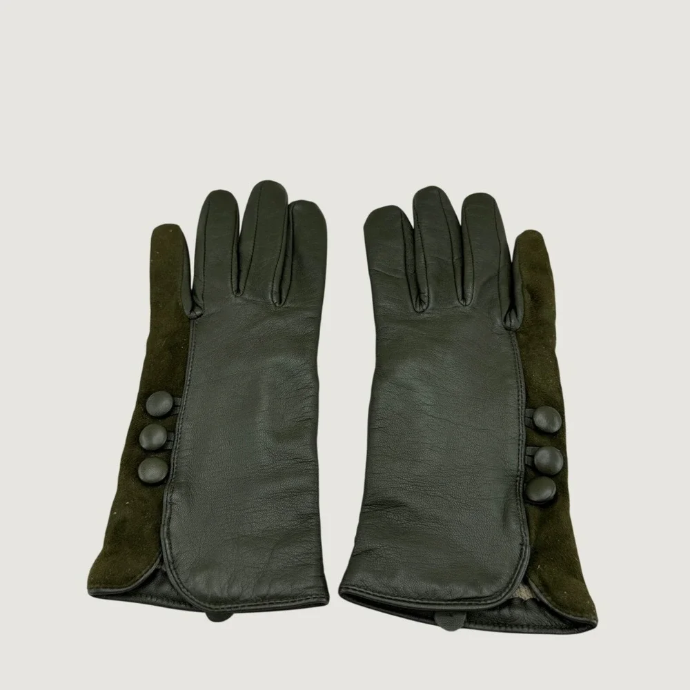 Unbranded‎ Leather Suede Gloves Medium Olive Green Button Detail Dark Academia